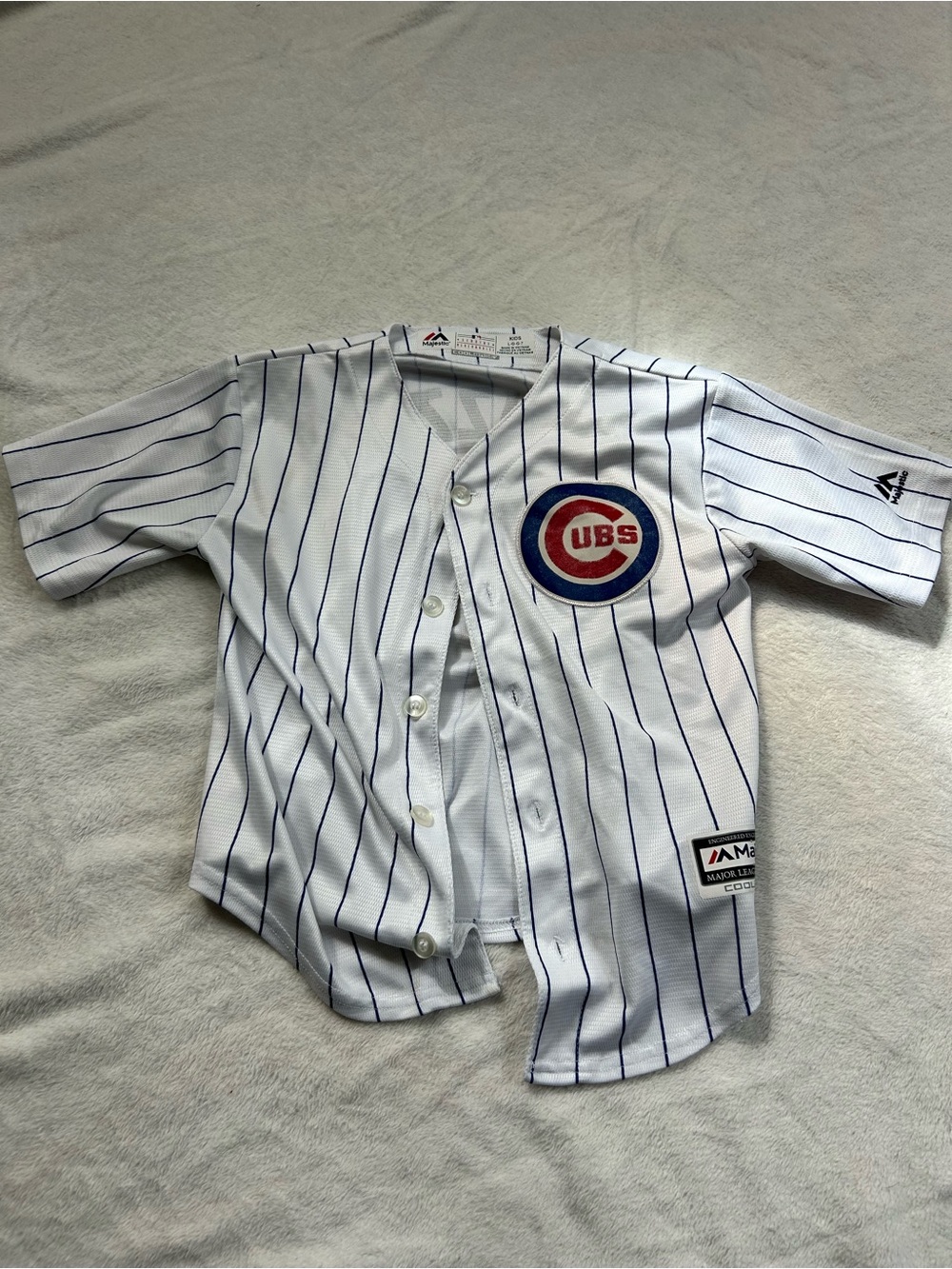 Majestic White & Blue Pinstripe Chicago Cubs Baseball Kids Jersey Size Kids Larg